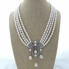 4 Strands 18" White Rice Pearl Necklace CZ Pendant