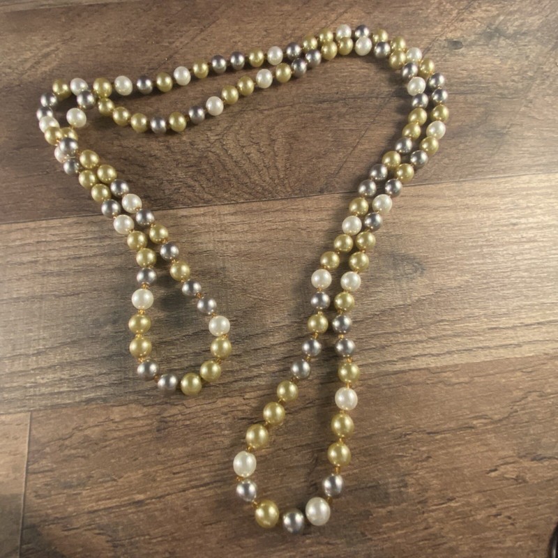Vintage 44" Strand Black White Beige Faux Pearls Necklace Costume Jewelry 