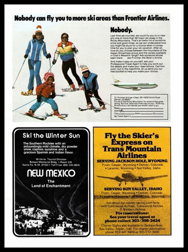 1977 Frontier & Trans Mountain Airlines New Mexico Tourism Vintage Ski Print Ad