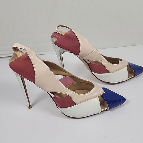 FSJ Elegant Pink Blue Women Pointed Toe Thin Heel Slingback Size 9