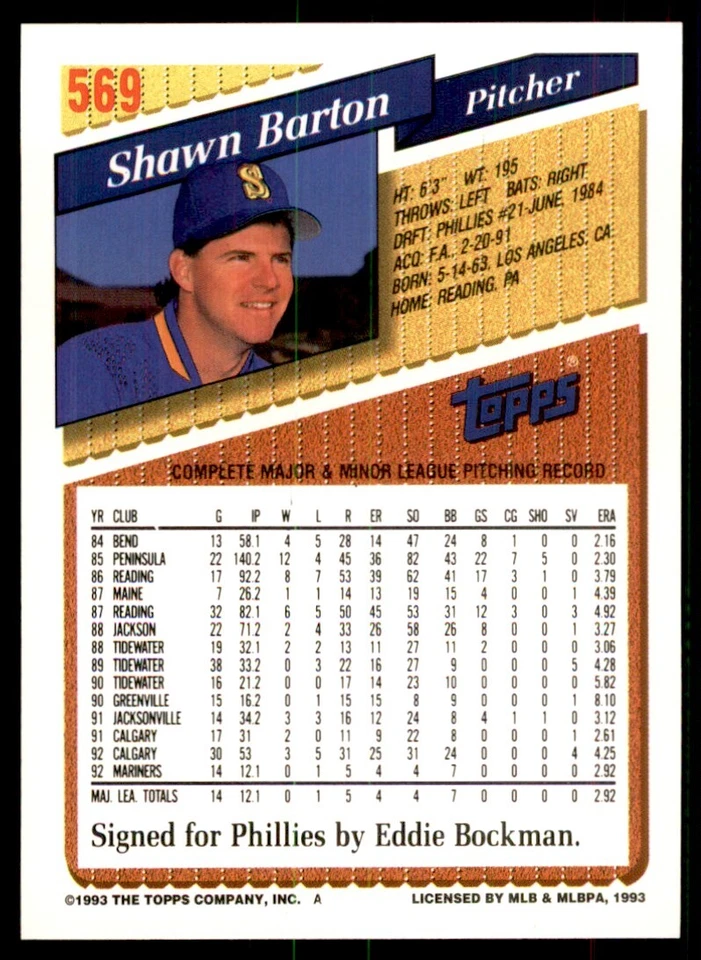 1993 Topps Inaugural Colorado Rockies Shawn Barton #569 - Image 2 of 2