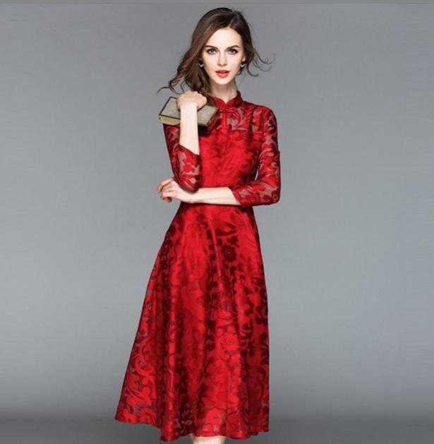 Women Elegant Lace Slim Floral Embroidery Stand Collar 3/4 Sleeve Mid Long  Dress | eBay