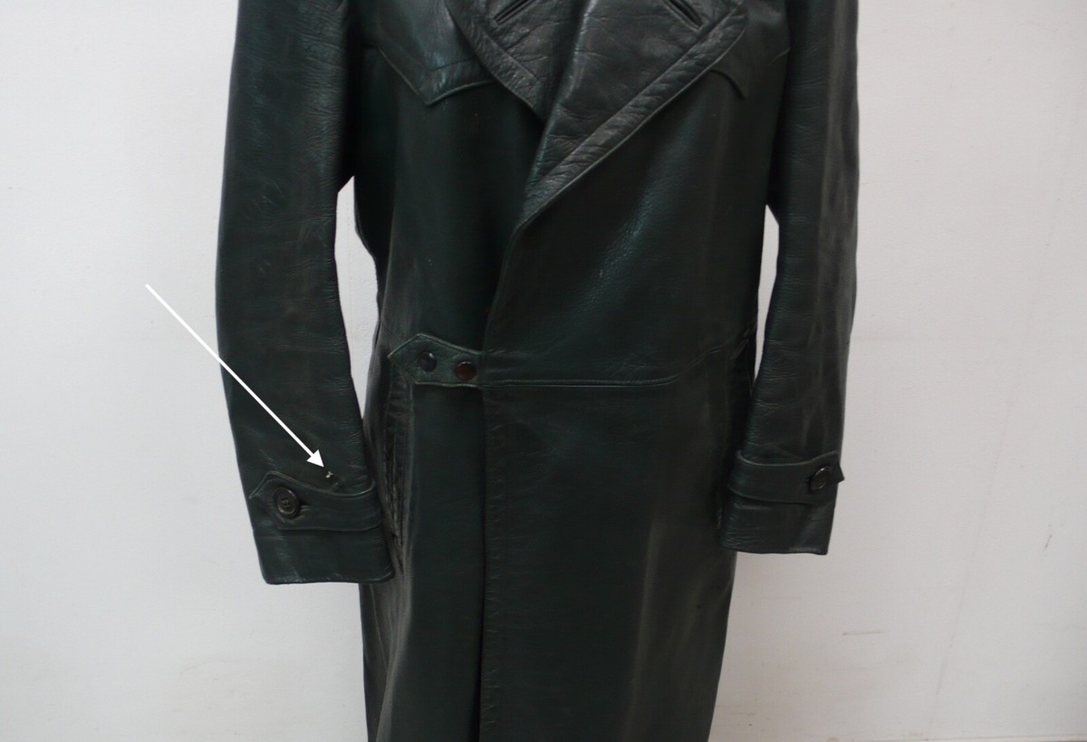 Vintage Militär Herren Ledermantel Uniform Dunkelgrün ca Gr 50 M, 1940er