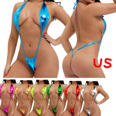 US Women's Shiny Sling Shot Teddy Bikini Bodysuit One Piece Monokini Swimsuits