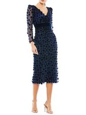 Mac Duggal Midnight Beaded Floral Appliqué Long Sleeve Tulle Sheath Dres 16 $598