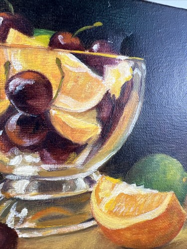 Original Oil Painting Still Life Citrus Cherries In Glass Bowl 8”x10” - Picture 3 of 6