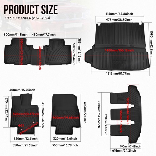 5PCS Floor Mats For Toyota Highlander TPE 7 Seats 3 Rows & Cargo Liner 2020-2023 - Afbeelding 2 van 15