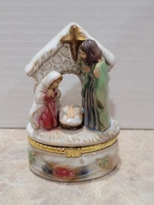 Ceramic Nativity Manger Scene with Arch Trinket Box