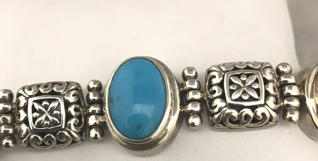 Solid Sterling Silver Engraved Carved Beaded Turq… - image 4