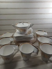 15p Porcelain China Cup  Saucer cream sugar 24k gold plating P.R.C. Christmas