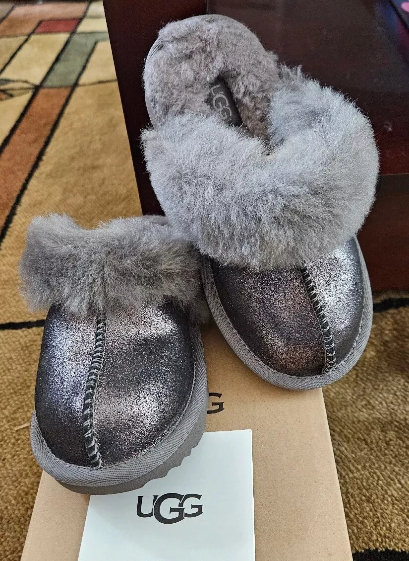 NEW UGG Cozy II Metallic Glitter Slipper Kids Grey Metallic size