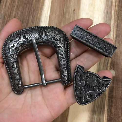 Western 3-Piece Belt Buckle Set Floral Engraved Silver Metal Cowboy Rodeo Style