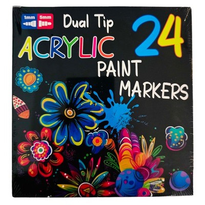 Acrylic Paint Markers 24 Dual Tip Set Fine Brush Pens Multi Surface Craft Art