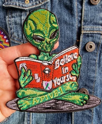 Retro Sci-Fi Alien Embroidered Patch Believe in Yourself UFO Iron On Space 4.5" - Image 1 of 4