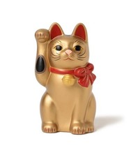 Japanese Hand-Painted Lucky Cat Maneki Neko Gold Red Ribbon Ceramic Seto Ware