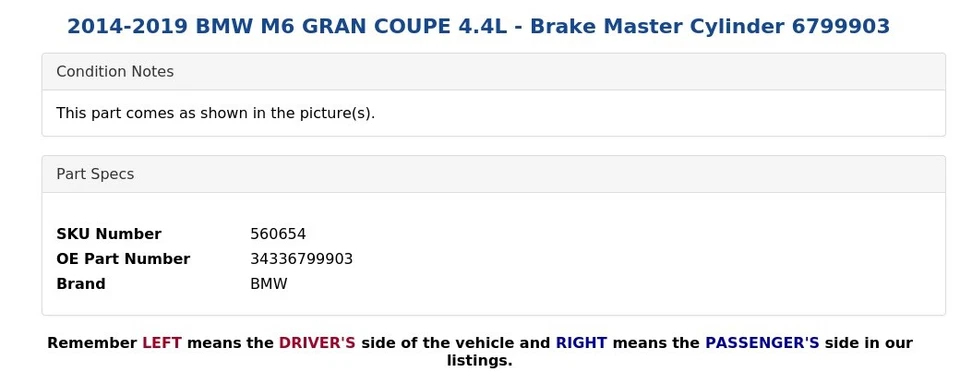 BMW M6 Gran Coupé 2014-2019 4,4 L - Cilindro maestro de freno 6799903 Foto 4 de 4
