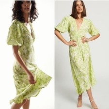 Faithfull the brand Lera Tie-Dye Midi Dress green v neck puff sleeve Size medium