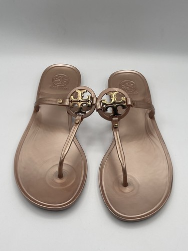 Tory Burch Mini Miller ROSE Jelly T-Strap Thong Sandals Size 9 M Gold Emblem