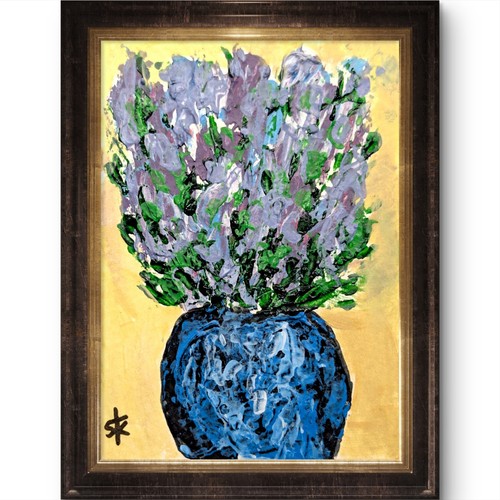 Original 3.5x2.5 ACEO Expressionist Blue Vase Purple Flowers Painting Paper