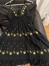 ROMWE Black Long Sundress L Yellow Sun Embroidery Ruffle Hem Sleeveless