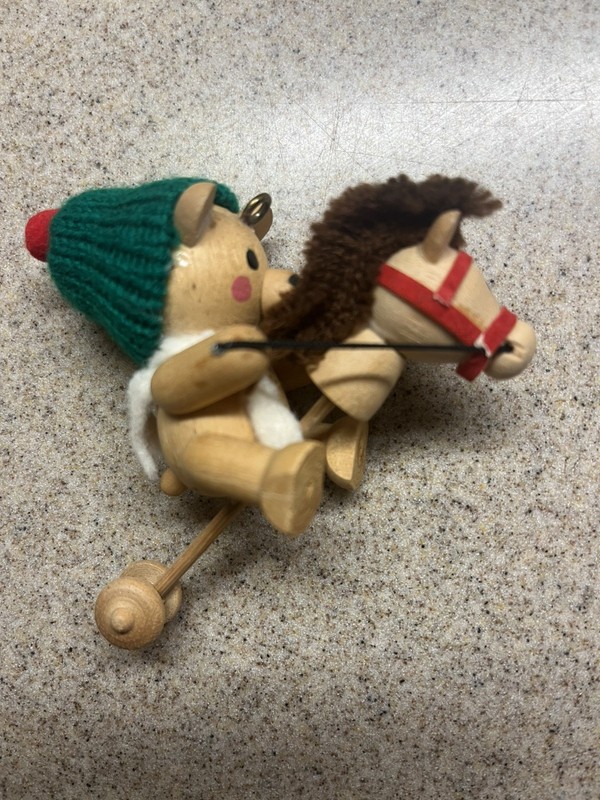 Vintage Sweden Germany Wood Christmas Ornament Teddy Bear on Hobby Horse 4"