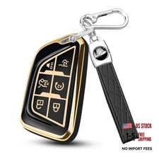 for Cadillac Key Fob Cover with Leather Keychain Gold 6-Buttons Gold/Black