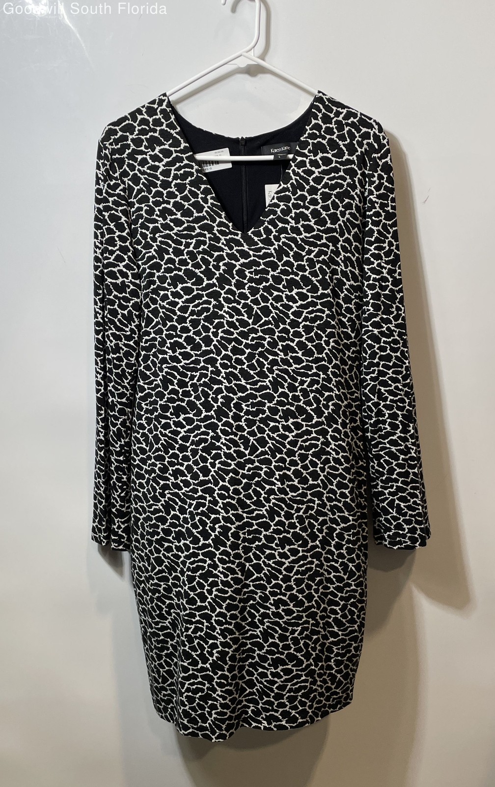 Karen Kane Womens Black And White Abstract V-Neck Long Sleeve Shift Dress Size L