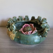 Vintage Majolica Style Frog  Lily Pad Bowl Glazed Planter, Green