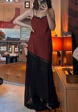 Zara Burgundy Combined Lace Insert Slip On Asymmetric Split Hem Satin Maxi Dress
