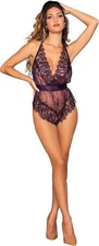NWT $36 DREAMGIRL ALL LACE OPEN BACK SHEER ROMPER W/EYELASH TRIM EGGPLANT SIZE M