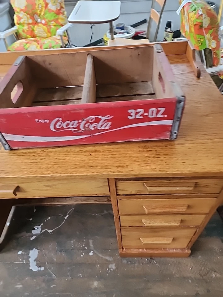 Caja de madera vintage de botella de refresco Coca-Cola 32 oz portador rojo blanco Foto 3 de 4