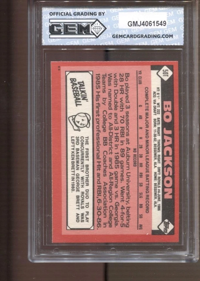 1986 Bo Jackson Topps Traded #50T Gem Mint 10 RC Rookie Kansas City Royals - Image 2 of 2