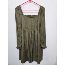 LOFT Olive Green Jacquard Dot Square Neck Smocked Mini Dress Long Sleeve S