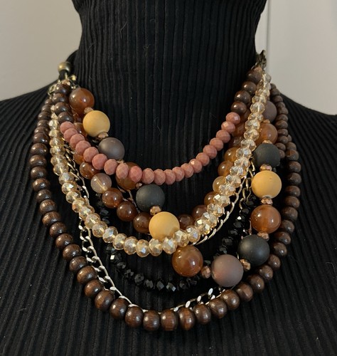 Multi Strands Faceted Onyx Austrian Crystal Coral Wood Resin Steel Necklace