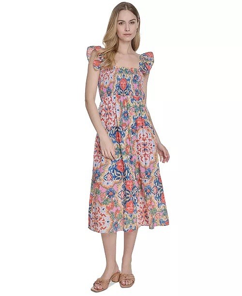 $108 Vince Camuto Women's Printed Square-Neck Ruffle-Strap Dress