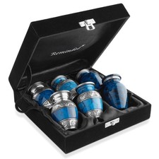 Small Keepsake Cremation Urns for Human Ashes, Set of 6 Blue and Silver w Case