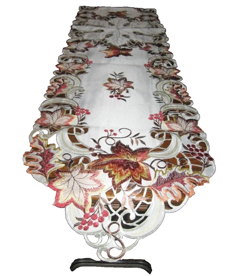 Thanksgiving Fall Table Runner Embroidered Fallen Leaves Table Runner 69"x 13" - Image 2 of 4