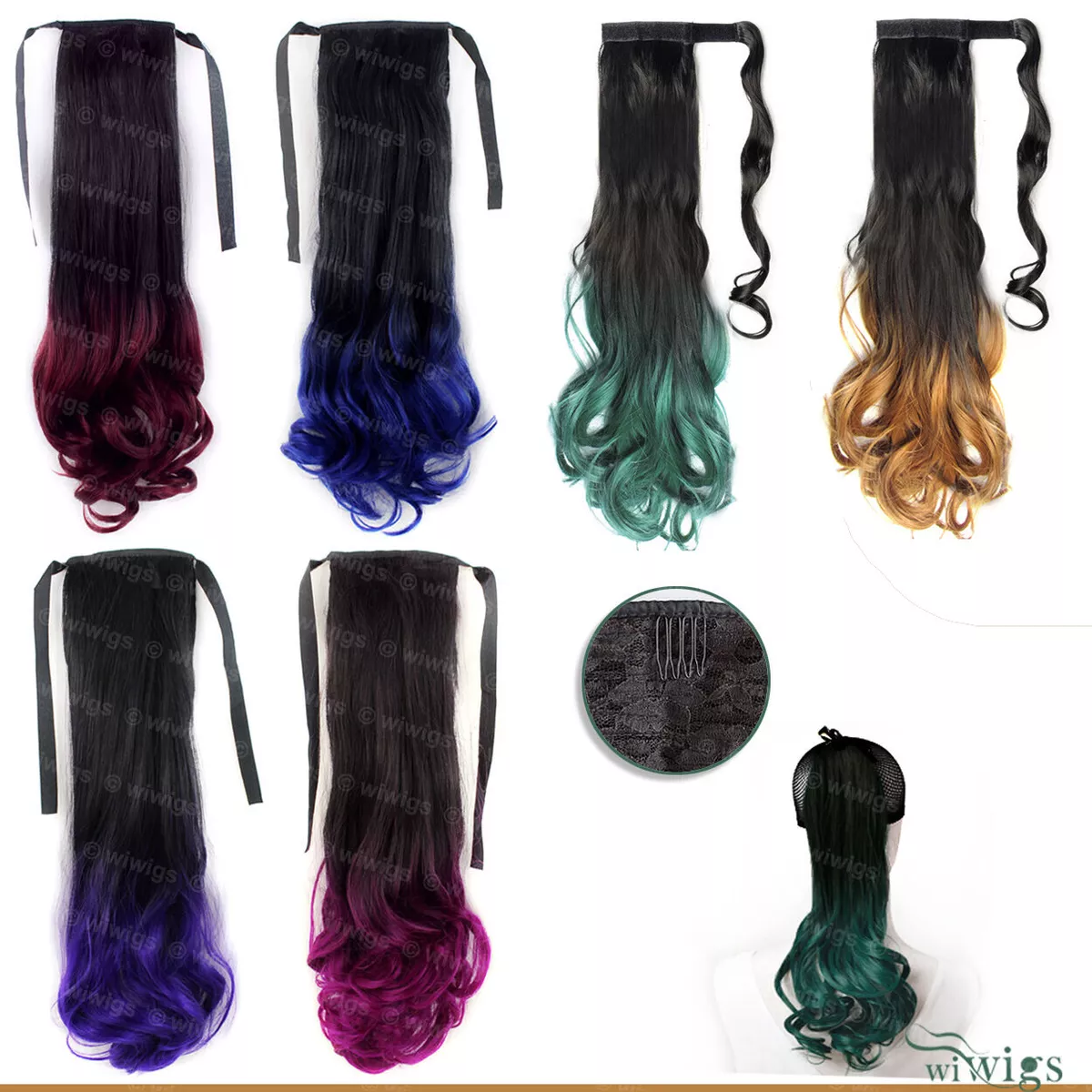 Wiwigs Dip Dye Ombre Black Green Red Blue Purple Hairpiece Ponytail Extensions