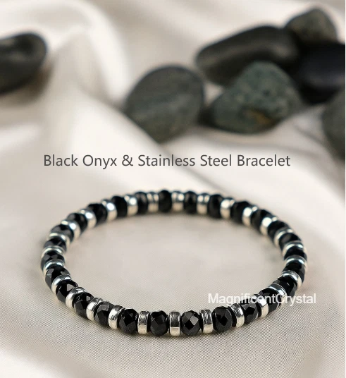 Pulsera de acero inoxidable de ónix negro para hombre 4 mm estilo punk elástica joyería regalo Foto 2 de 4