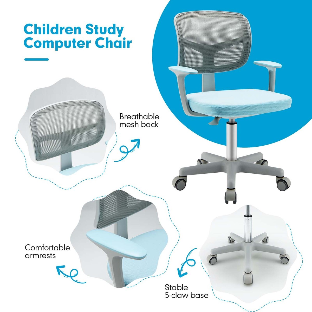 Kids Desk Chair, Ergonomic Kids Swivel Study Chair With Lumbar Support  Breathable Mesh Universal Wheels Height Adjustable Kids Computer Chair For  Boys