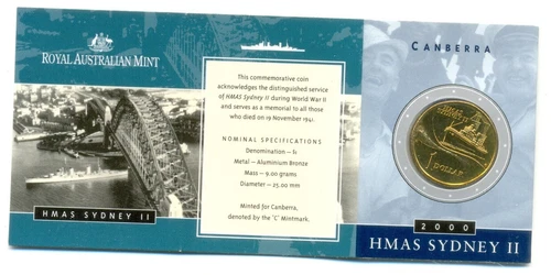 2000 Australian $1 Uncirculated Coin: " HMAS SYDNEY 11 " - "C" Mintmark.