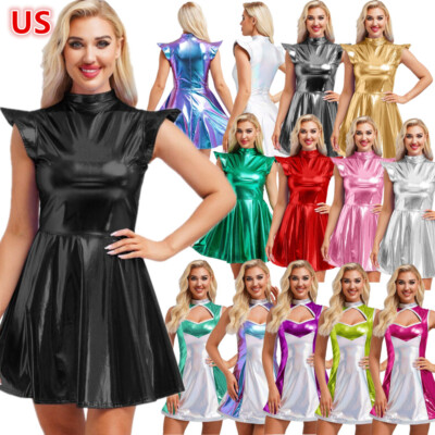US Women's Wet Look Short Mini Dress Patent Leather Bodycon Shiny Dance  Clubwear | eBay