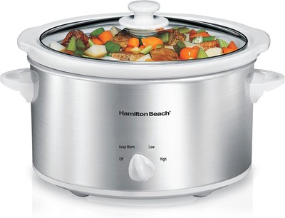 4-Qt Stainless Steel Slow Cooker 3 Cooking Settings Stoneware Crock & Glass Lid