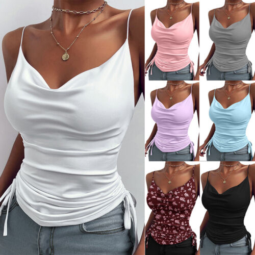 Women's Silk Satin Tank Cami Plain Sleeveless Strappy Camisole Vest Casual Tops