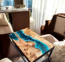 Blue Ocean Wave Epoxy Resin Dining Table Top Luxury Wooden Live Edge Hotel Decor