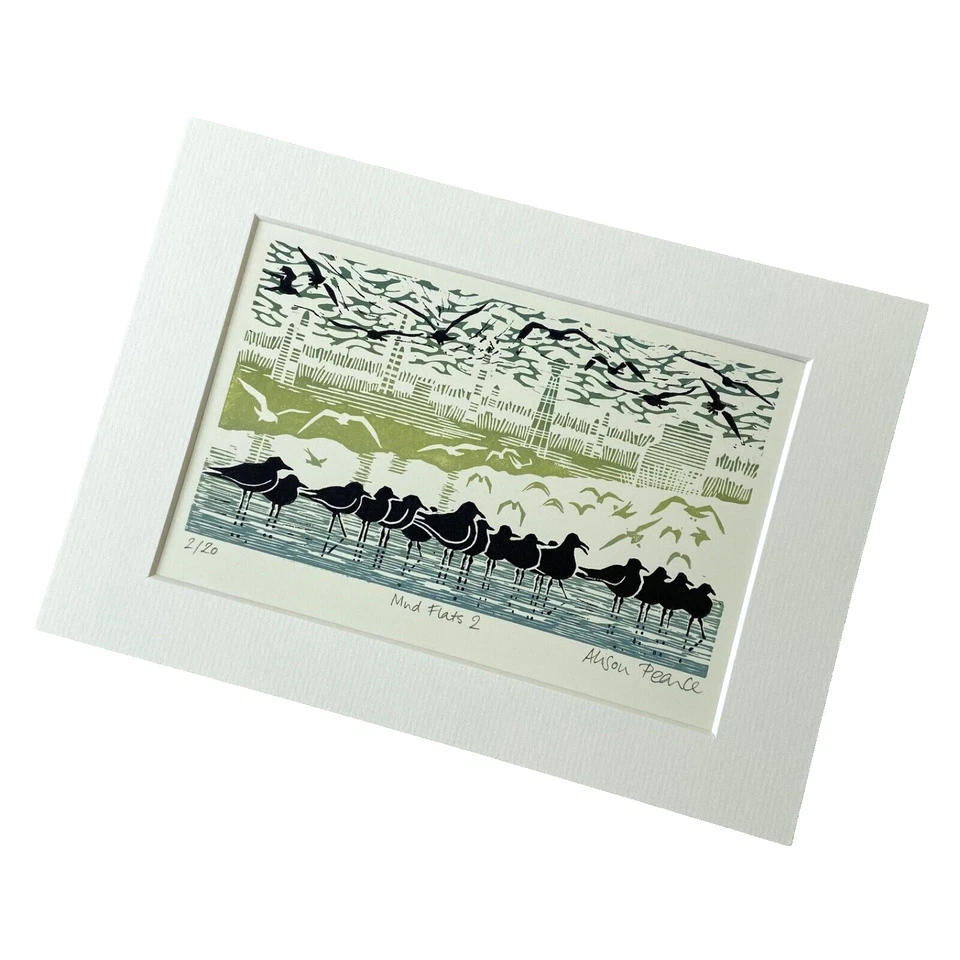 Pájaro arte original firmado Mud Flats 2 naturaleza linocut impresión edición limitada Foto 2 de 4