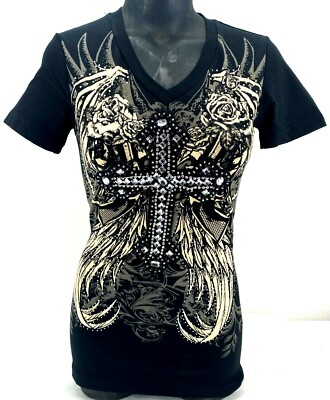 PLATINUM PLUSH LADIES WINGS & CROSS V-NECK SHIRT WITH