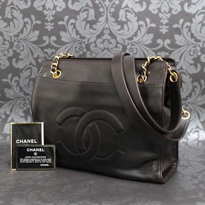 CHANEL Lamb Skin CC Logo Black Chain Tote Bag Shoulder Bag #2661 Rise-on