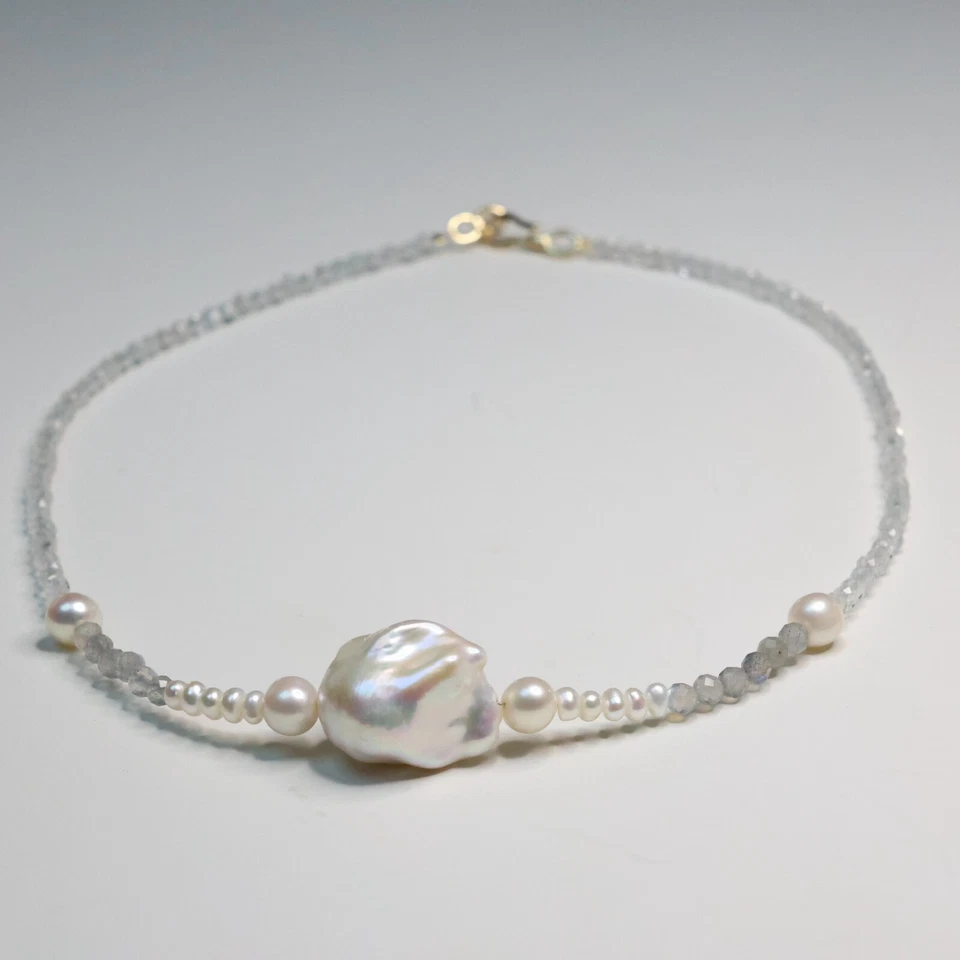 collier en perle de culture d'eau douce baroque pierre précieuse fine topaze2088 - Photo 2/4