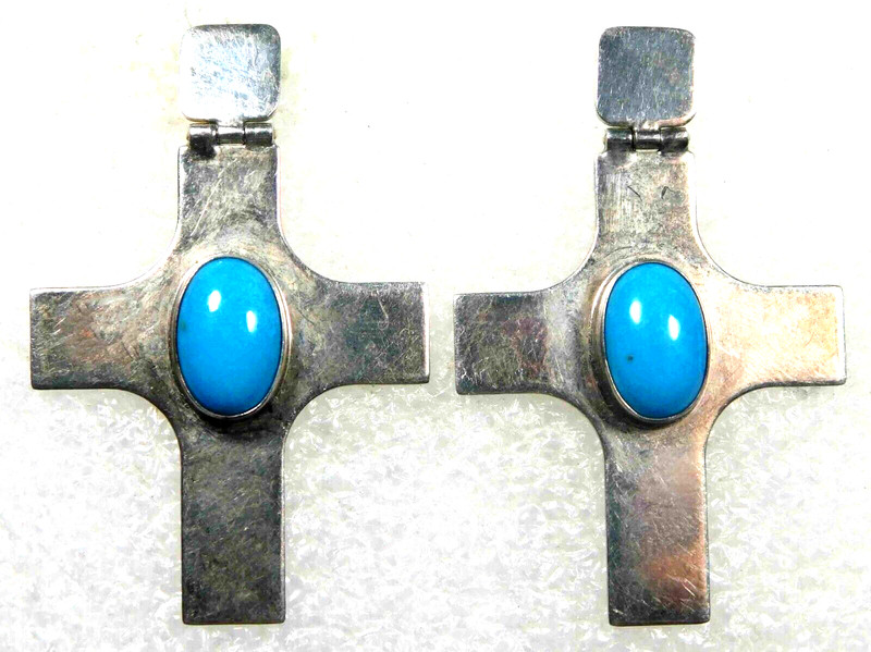 ARTISAN STERLING Silver TURQUOISE HANDMADE Post Hinged CROSS EARRINGS
